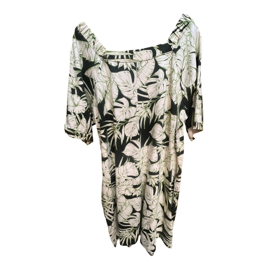 Denim & Co Tropical Palm Leaf Print Square Neck Knit Dress Green Cream XL - Picture 2 of 7